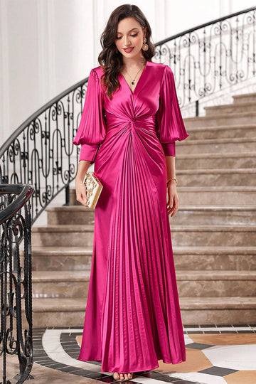 Vestido de fiesta largo plisado fucsia con mangas farol